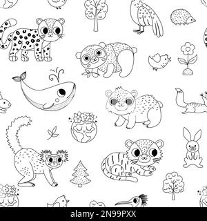 Vector black and white endangered species seamless pattern. Cute extinct animals repeat background. Funny digital paper or coloring page for kids with Stock Vector
