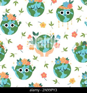 Vector earth seamless pattern for kids. Earth day repeat background with cute kawaii smiling planets. Environment friendly digital paper with globe an Stock Vector