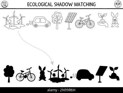 Ecological black and white shadow matching activity with alternative energy sources and transport. Earth day puzzle. Find correct silhouette printable Stock Vector