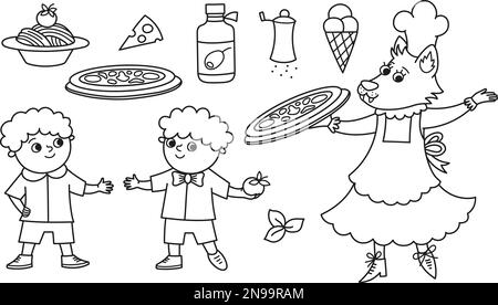 Black and white set with cook wolf and two boys, pizza, gelato, spaghetti, olive oil. Coloring page for Italian cuisine restaurant. Traditional Rome f Stock Vector