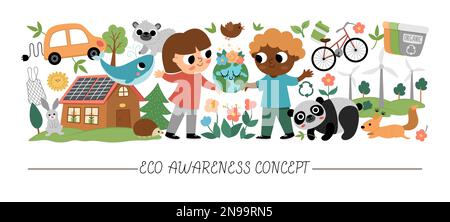 Vector ecological horizontal set with cute children caring of nature. Earth day card template for banners, invitations. Cute environment friendly illu Stock Vector