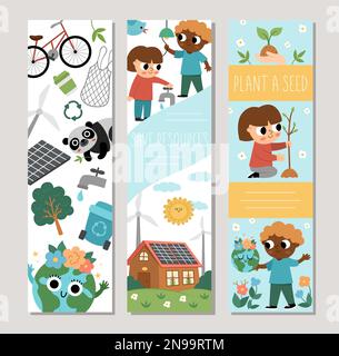 Ecological cards set with cute children, planet, waste recycling ...