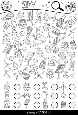 Ecological black and white I spy game for kids. Searching and counting ...