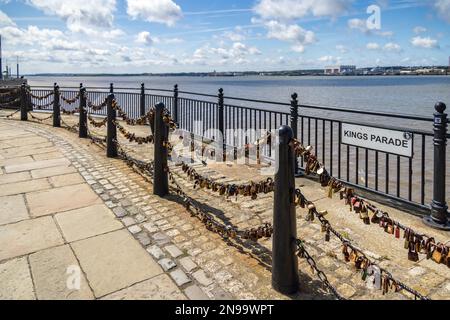 LIVERPOOL, UK - JULY 14 : Padlocks on chains at Kings Parade Liverpool, England on July 14, 2021 Stock Photo