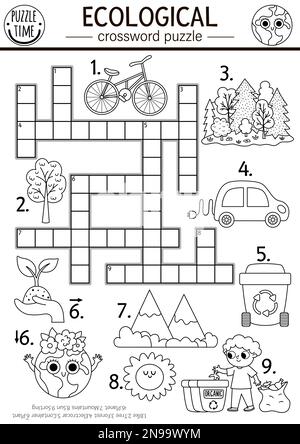 Vector ecological crossword puzzle for kids. Black and white Earth day coloring page with eco city landscape. Eco awareness educational line activity. Stock Vector
