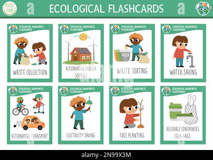 Vector flash cards set with kids caring of environment. Ecological English language game. Eco awareness flashcards for children. Simple educational pr Stock Vector