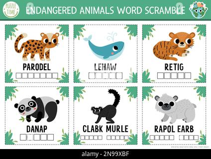 Vector extinct animals word scramble activity page. English language game with whale, leopard, panda for kids. Ecological awareness quiz flash cards. Stock Vector