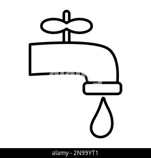 Vector black and white tap illustration. Water line faucet with drop icon. Bathroom equipment isolated on white background. Water saving or earth day Stock Vector