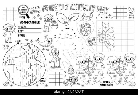 Vector ecological placemat for kids. Eco awareness printable activity mat with maze, tic tac toe charts, connect the dots, find difference. Earth day Stock Vector