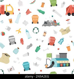 Waste recycling and sorting seamless pattern. Vector ecological repeat background for kids. Earth day digital paper with rubbish bins, plastic, glass, Stock Vector