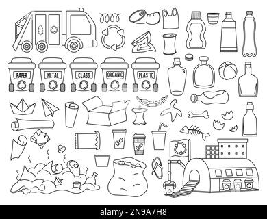 Waste recycling and sorting black and white collection. Vector ecological line set for kids. Earth day illustration with rubbish bins, garbage, recycl Stock Vector