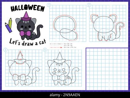 Drawing game step tutorial little cat worksheet Vector Image