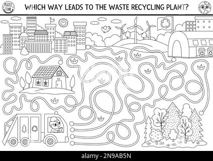 Ecological black and white maze for kids with garbage truck going to waste recycling plant. Earth day preschool line ctivity. Eco awareness or zero wa Stock Vector