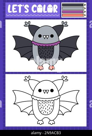 Halloween coloring page for children with cute kawaii bat. Vector autumn holiday outline illustration. Color book for kids with colored example. Drawi Stock Vector