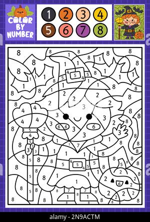 Vector Halloween color by number activity with cute kawaii witch and pumpkin. Autumn scary holiday scene. Black and white counting game with spooky co Stock Vector