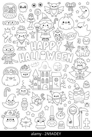 Vector black and white kawaii vampire. Cute smiling Halloween line ...
