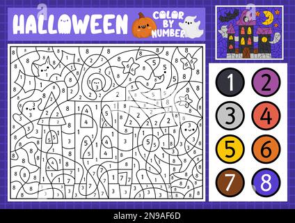 Vector Halloween color by number activity with cute kawaii haunted house. Autumn scary holiday scene. Black and white counting game with spooky cottag Stock Vector