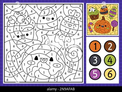 Vector Halloween color by number activity with cute kawaii sweets. Autumn scary holiday scene. Black and white counting game with candy, pumpkin. Tric Stock Vector