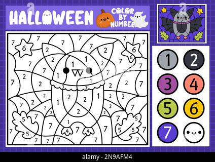 Vector Halloween color by number activity with cute kawaii bat. Autumn scary holiday scene. Black and white counting game with funny animal. Trick or Stock Vector