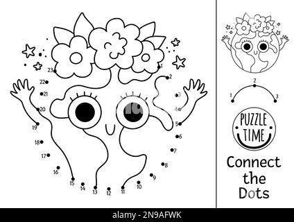 Vector dot-to-dot and color activity with cute planet. Ecological connect the dots game for children with funny Earth. Eco awareness coloring page for Stock Vector