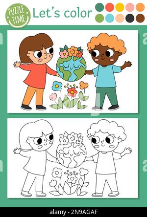 Girl Holding Earth Coloring Page for Kids Stock Vector Image & Art - Alamy