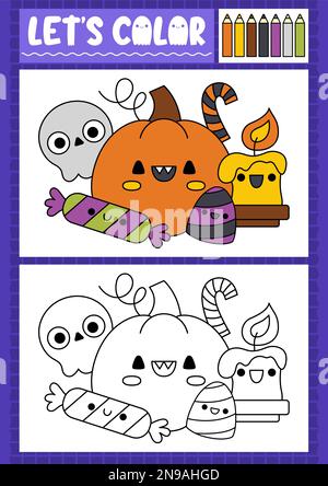 Halloween coloring page for children with cute kawaii sweets and treats. Vector autumn holiday outline illustration. Color book for kids with colored Stock Vector