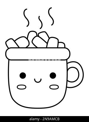 Vector black and white kawaii cacao cup with marshmallow. Cute