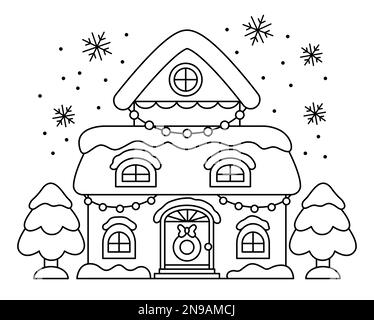 Vector black and white cartoon decorated house with snow, garlands, snowflakes. Cute Christmas home illustration isolated on white background. New Yea Stock Vector