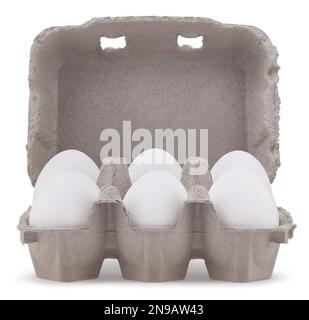 six white eggs in box cardboard, isolated on white background. Template for Happy Easter, copy space for advertising promotional shopping sale banner Stock Photo