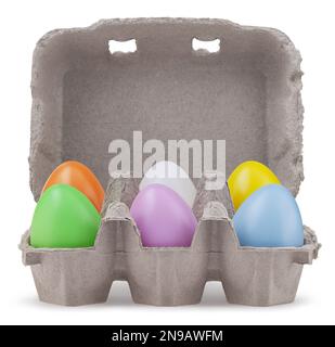 Happy Easter, six colorful eggs in box cardboard, isolated on white background. Copy space Template for advertising promotional shopping sale banner o Stock Photo