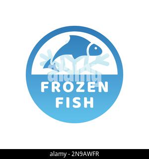 Frozen fish, product vector label. Blue sticker stamp. Stock Vector
