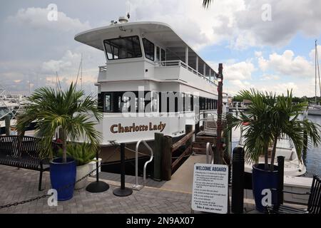 Dinner cruise ship Charlotte Lady docked in Fisherman's village Punta Gorda Florida. Stock Photo