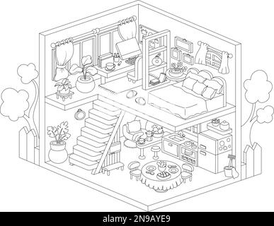 Vector isometric 3d house interior. Cute line home illustration with office, bedroom, living room, kitchen. Black and white cartoon rooms drawing. Cut Stock Vector