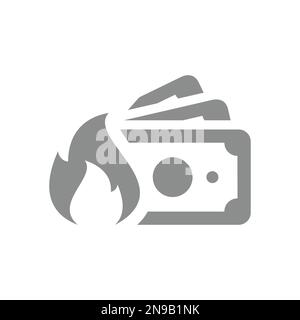 Dollar bill, banknote stack and fire or flame vector icon. Burning money, inflation symbol. Stock Vector
