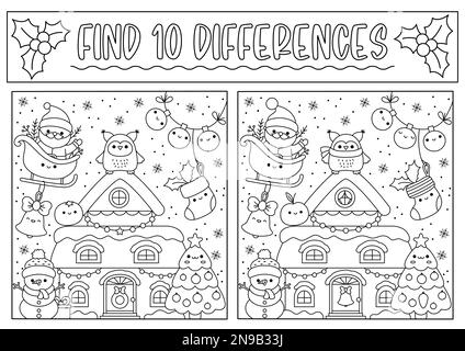 Christmas black and white find differences game for children. Attention skills activity with cute Santa Claus, house, tree, snowman. New Year line puz Stock Vector