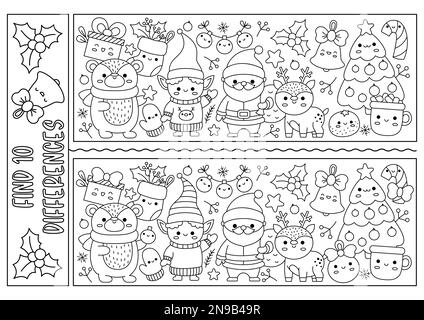 Christmas black and white find differences game for children. Attention skills activity with cute Santa Claus, deer, tree, animals and winter symbols. Stock Vector