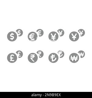 Money currency coin, coins icon set. World currencies, dollar, pound and euro icons. Stock Vector