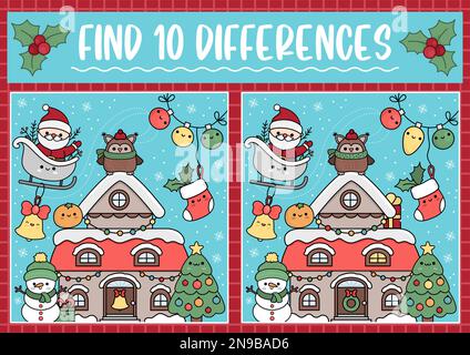 Christmas find differences game for children. Attention skills activity with cute Santa Claus, house, tree, snowman. New Year puzzle for kids with fun Stock Vector