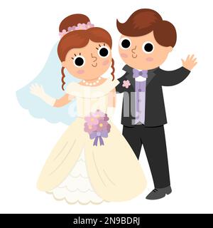 Vector illustration with bride and groom waving hands. Cute just married couple. Wedding ceremony icon. Cartoon marriage scene with newly married smil Stock Vector