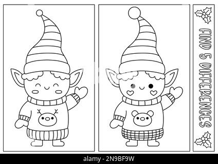 Christmas black and white find differences game for children. Attention skills activity with cute elf in stripy hat. New Year line puzzle or coloring Stock Vector