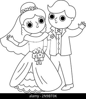 Vector black and white illustration with bride and groom waving hands. Cute just married couple. Wedding ceremony line icon. Cartoon marriage coloring Stock Vector