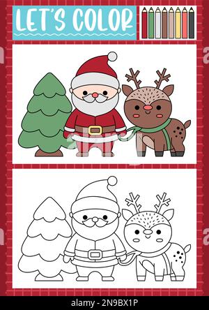 Christmas coloring page for children with cute kawaii tree, Santa Claus,  deer. Vector winter holiday outline illustration. Color book for kids with  ex Stock Vector Image & Art - Alamy