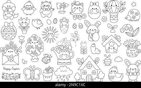 Vector black and white kawaii Easter clipart set for kids. Cute cartoon characters. Traditional line symbols collection with bunny, eggs, bird, chick, Stock Vector