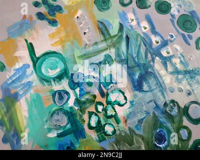 Painting canvas detail with abstract turquoise shapes Stock Photo