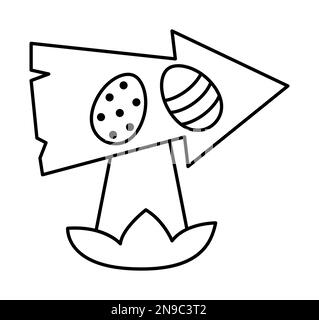 Vector black and white Easter egg hunt direction sign icon. Cartoon pointer with eggs isolated on white background. Garden information plate illustrat Stock Vector