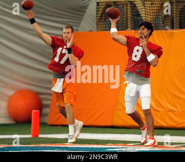 The Miami Dolphins' rookie quarterback Ryan Tannehill (17) during rookie  camp practice at the team's practice facility in Davie, Florida, on Friday,  May 4, 2012. (Photo by Al Diaz/Miami Herald/MCT/Sipa USA Stock