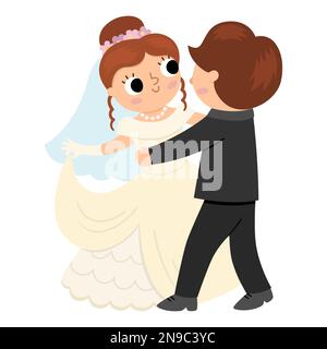Vector illustration with bride and groom. Cute just married couple. Wedding ceremony icon. Cartoon marriage scene with husband and wife dancing their Stock Vector
