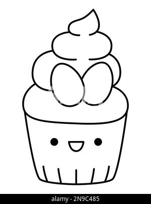 Vector black and white Easter cupcake for kids. Cute line kawaii cup cake with cream and eggs. Funny cartoon character. Traditional spring holiday des Stock Vector