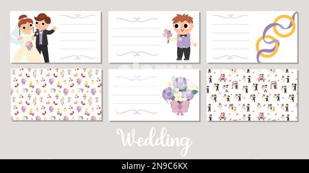 Cute wedding business cards set with just married couple, bride, groom, bridegroom, rings. Vector marriage ceremony print templates. Matrimonial desig Stock Vector