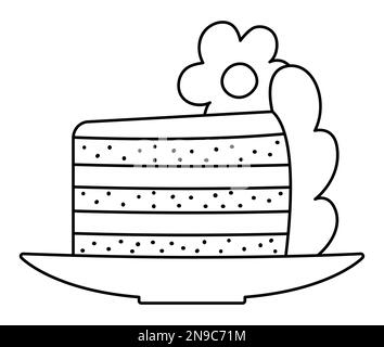 Vector black and white wedding cake piece on a plate with flower, cream. Cute marriage line clipart element. Just married couple dessert coloring page Stock Vector